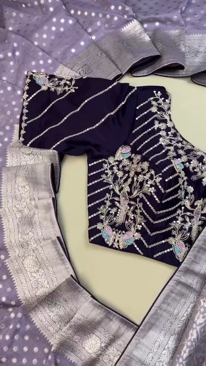 Opulent Lilac & Midnight Blue Handcrafted Silk Saree Set – Available in Lilac & Midnight Blue