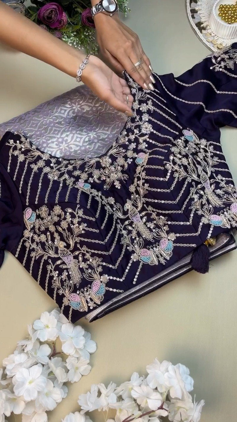 Opulent Lilac & Midnight Blue Handcrafted Silk Saree Set – Available in Lilac & Midnight Blue