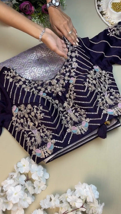 Opulent Lilac & Midnight Blue Handcrafted Silk Saree Set – Available in Lilac & Midnight Blue