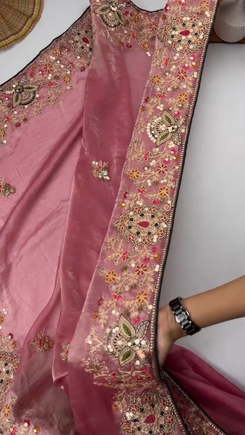 Opulent Sequinned Organza Saree Set with Hand-Embroidered Blouse – Available in Dusty Rose & Regal Burgundy