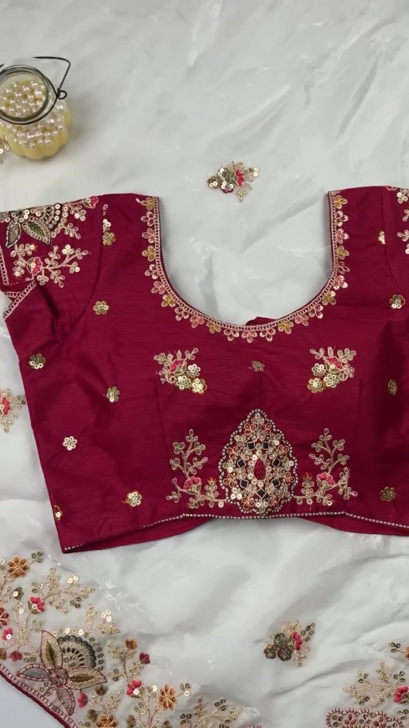 Opulent Sequinned Organza Saree Set with Hand-Embroidered Blouse – Available in Dusty Rose & Regal Burgundy