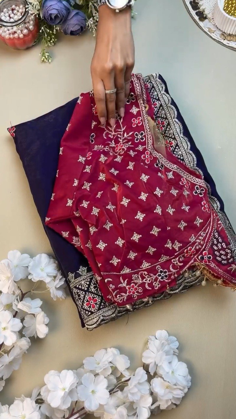 Royal Indigo & Magenta Peacock-Motif Hand-Embroidered Saree Set