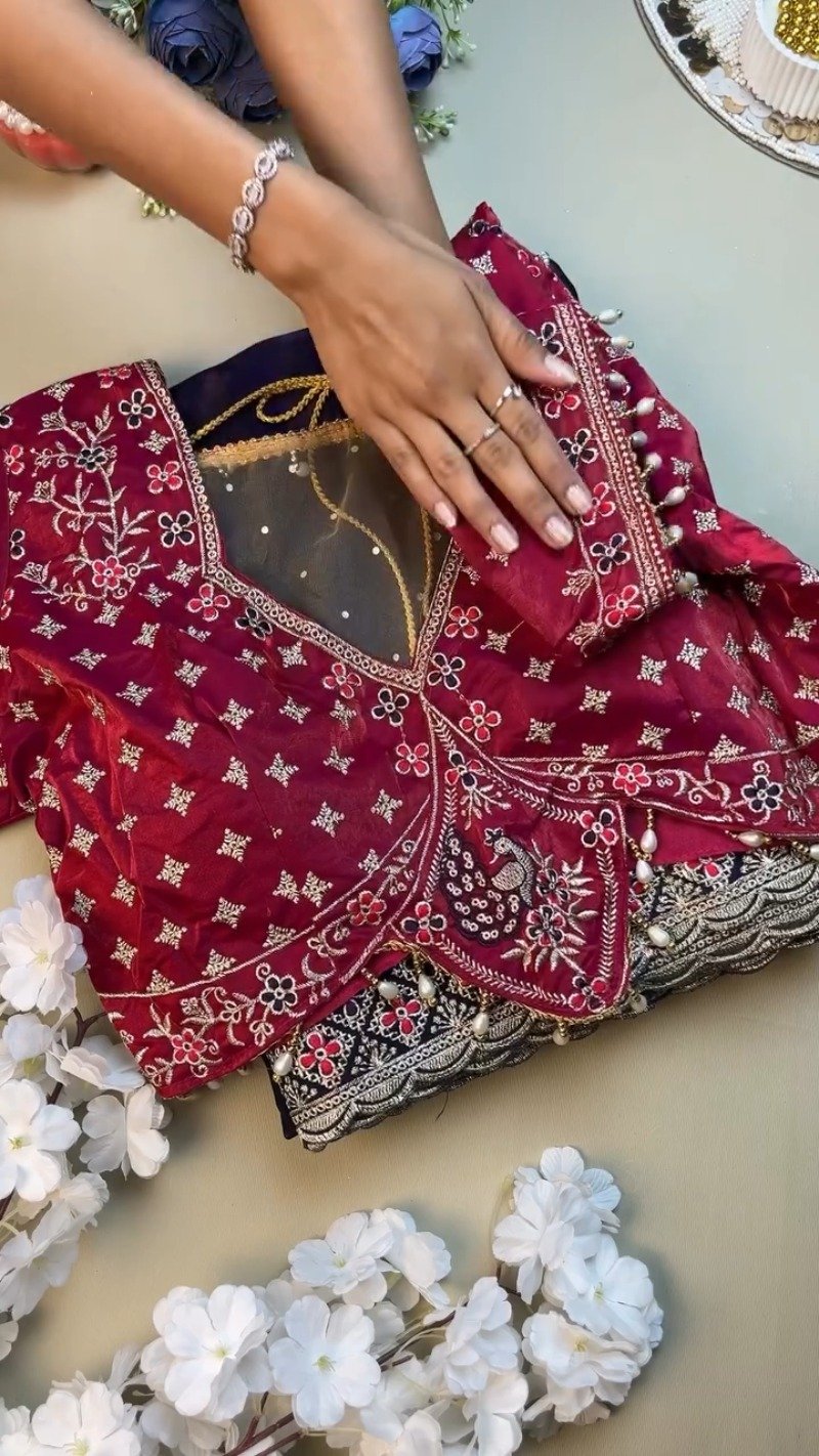 Royal Indigo & Magenta Peacock-Motif Hand-Embroidered Saree Set