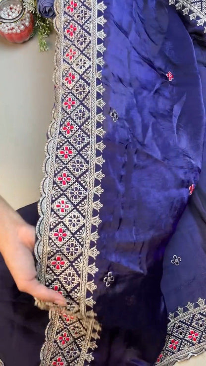 Royal Indigo & Magenta Peacock-Motif Hand-Embroidered Saree Set