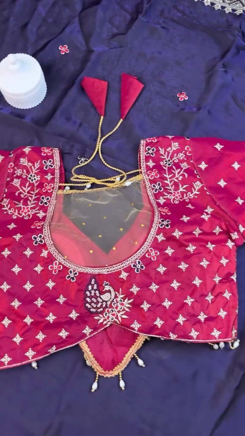 Royal Indigo & Magenta Peacock-Motif Hand-Embroidered Saree Set