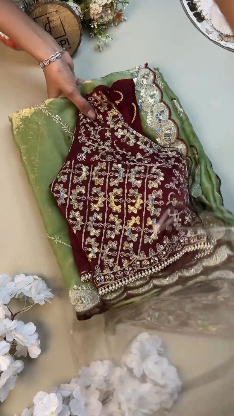 Sage Green and Maroon Contrast Embroidered Saree Set – Available in Sage Green & Maroon