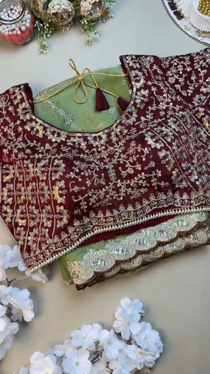Sage Green and Maroon Contrast Embroidered Saree Set – Available in Sage Green & Maroon