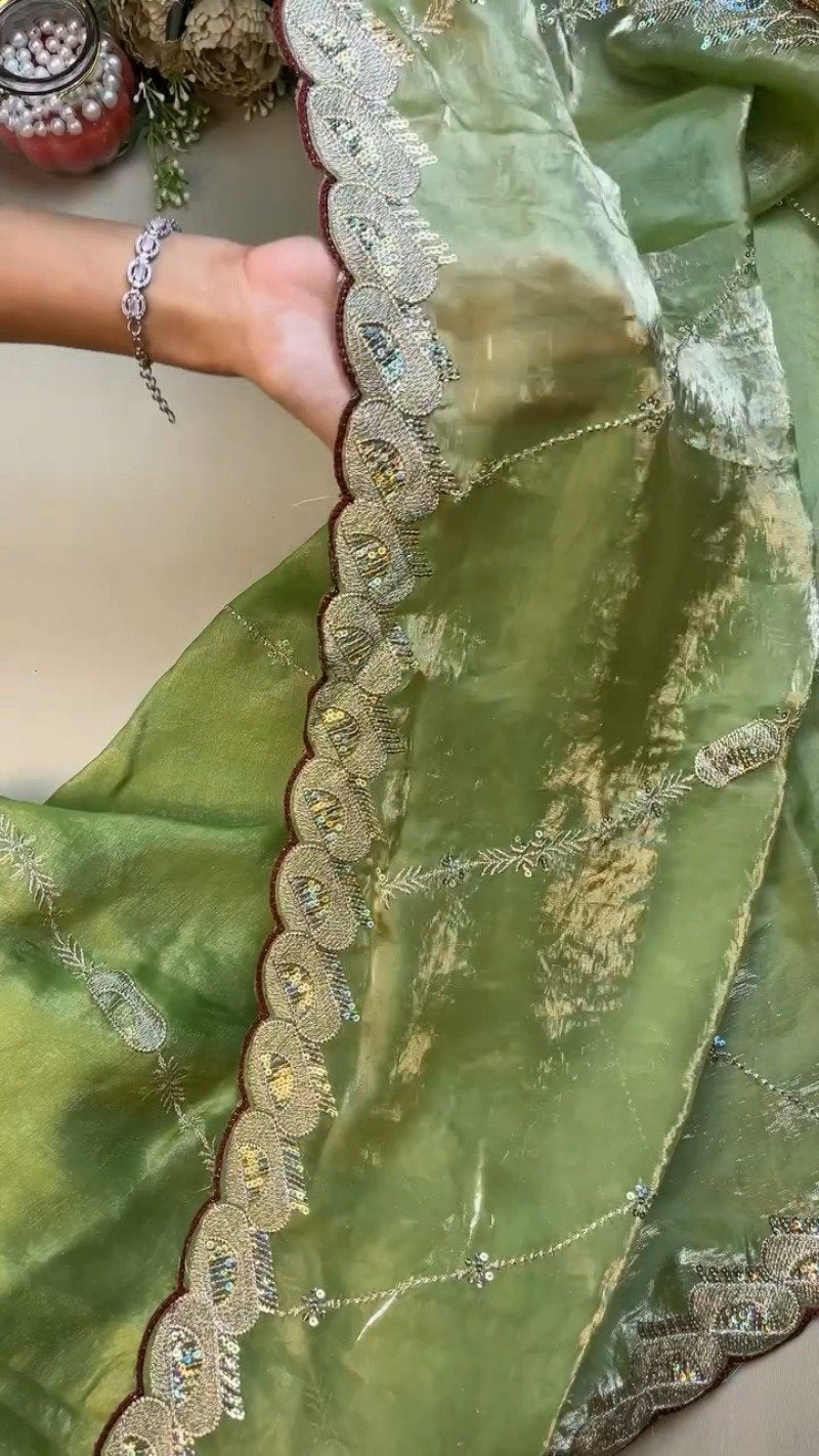 Sage Green and Maroon Contrast Embroidered Saree Set – Available in Sage Green & Maroon