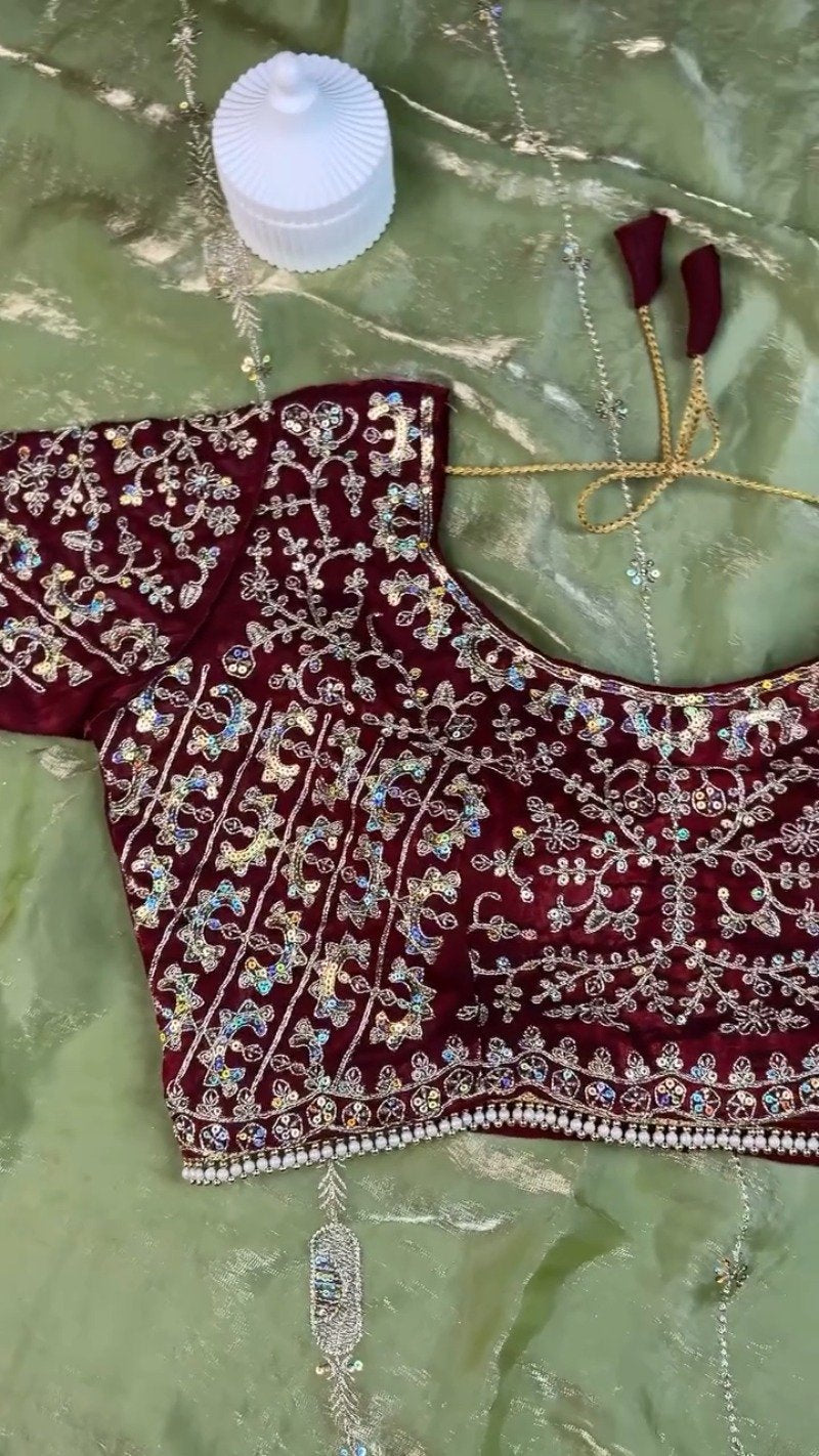 Sage Green and Maroon Contrast Embroidered Saree Set – Available in Sage Green & Maroon