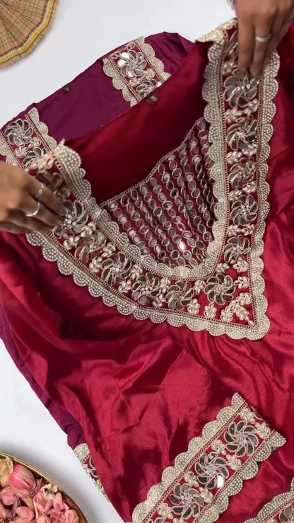 Royal Maroon Mirror-Work Kurta Set with Designer Dupatta