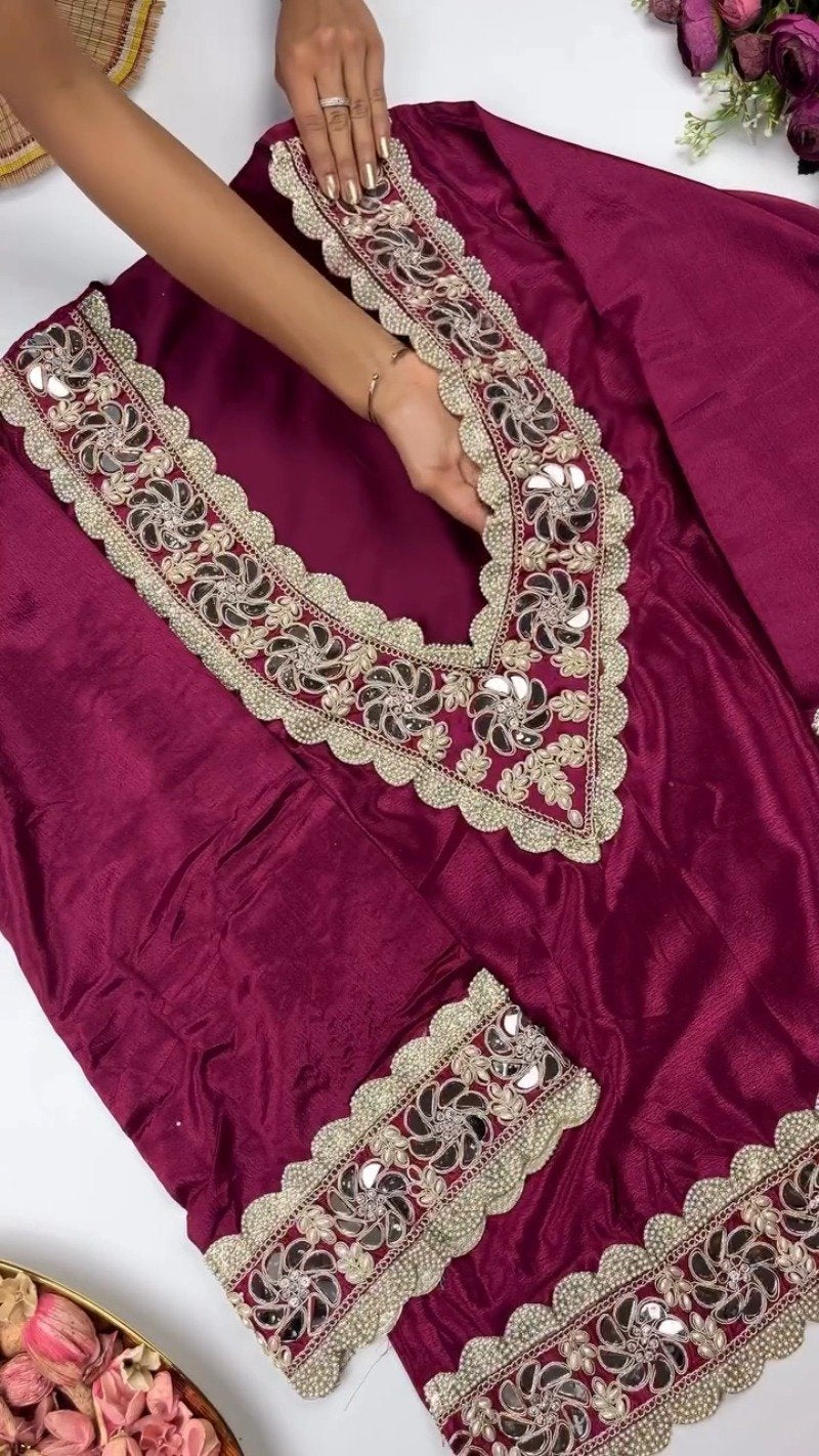 Royal Maroon Mirror-Work Kurta Set with Designer Dupatta