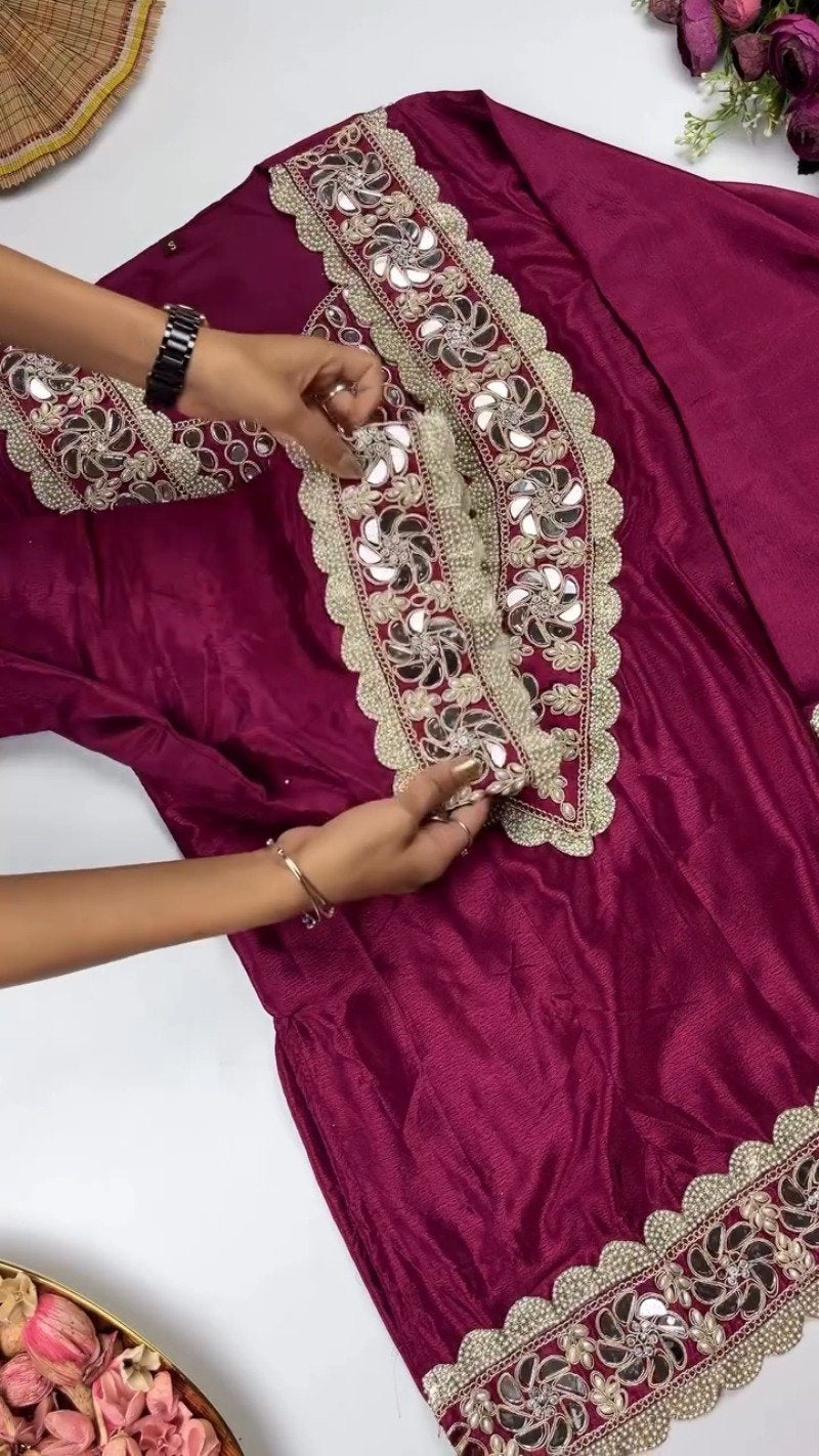 Royal Maroon Mirror-Work Kurta Set with Designer Dupatta
