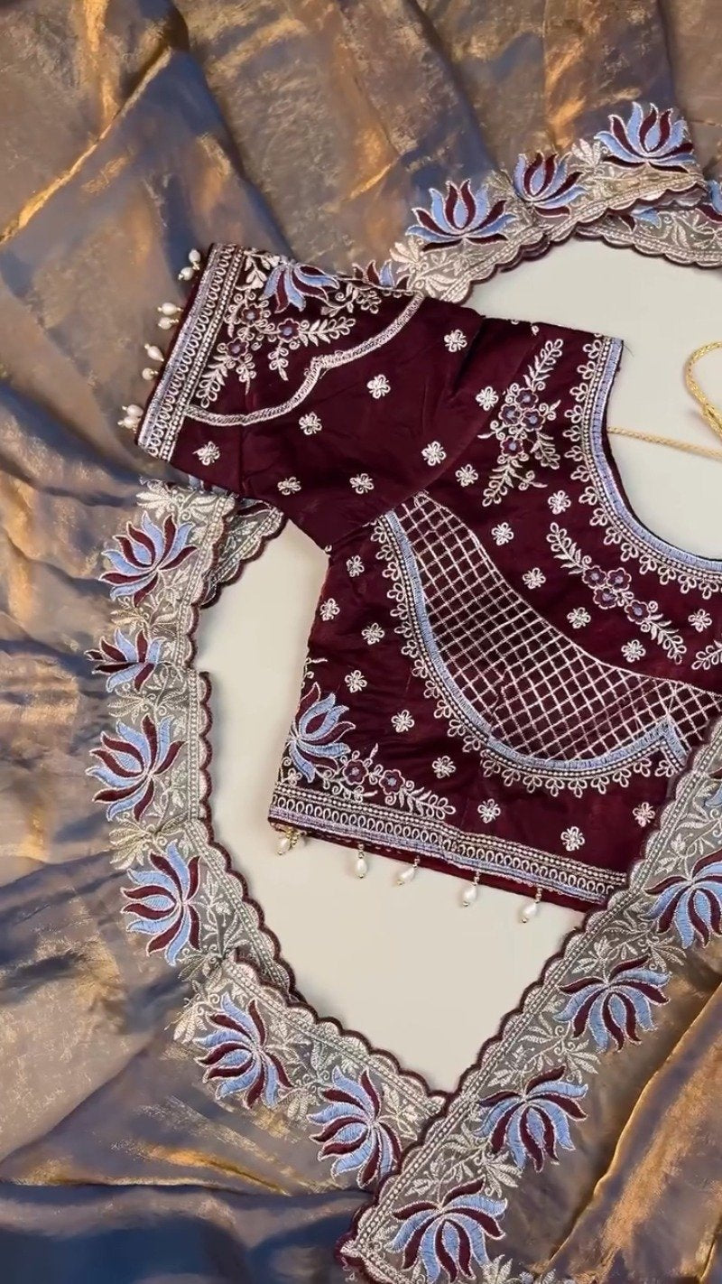 Royal Maroon & Slate Grey Embroidered Saree Set – Available in Maroon & Slate Grey