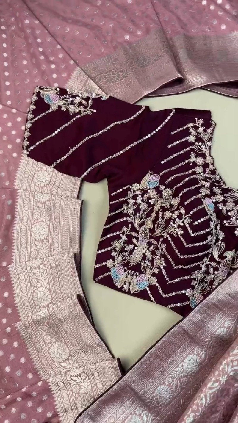 Regal Plum Zari-Woven Banarasi Saree with Hand-Embroidered Sequin Blouse