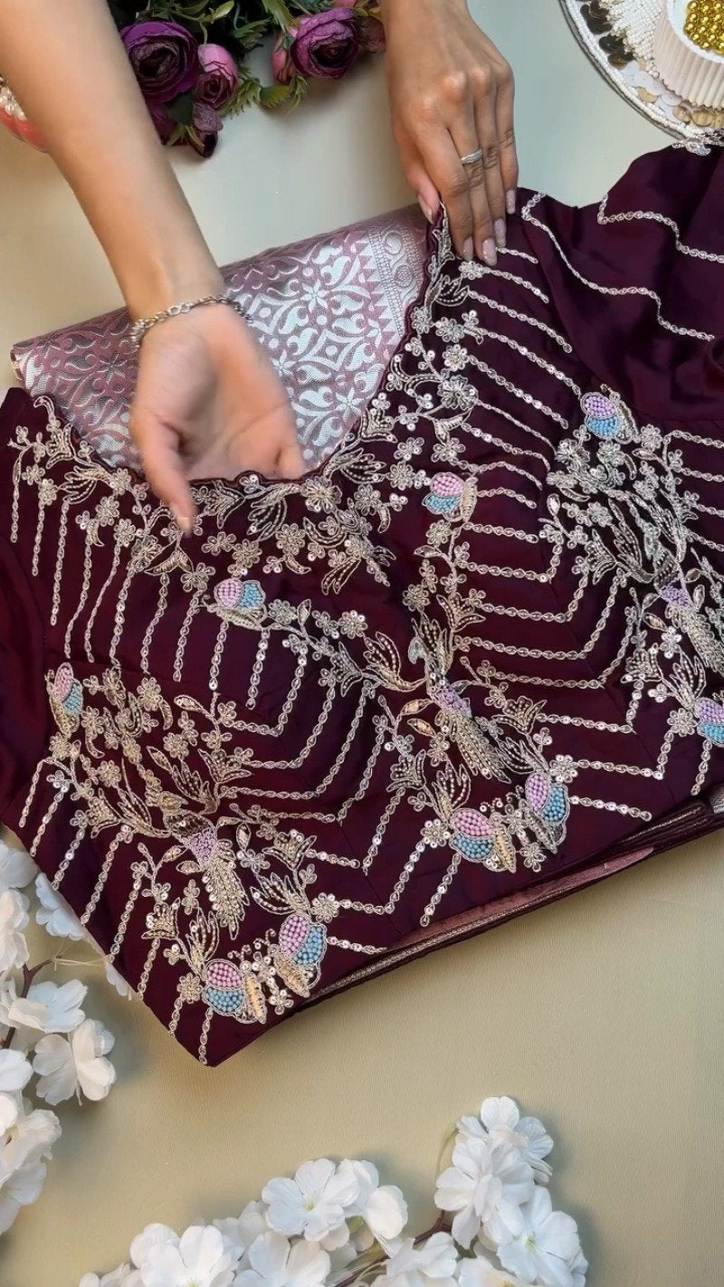 Regal Plum Zari-Woven Banarasi Saree with Hand-Embroidered Sequin Blouse