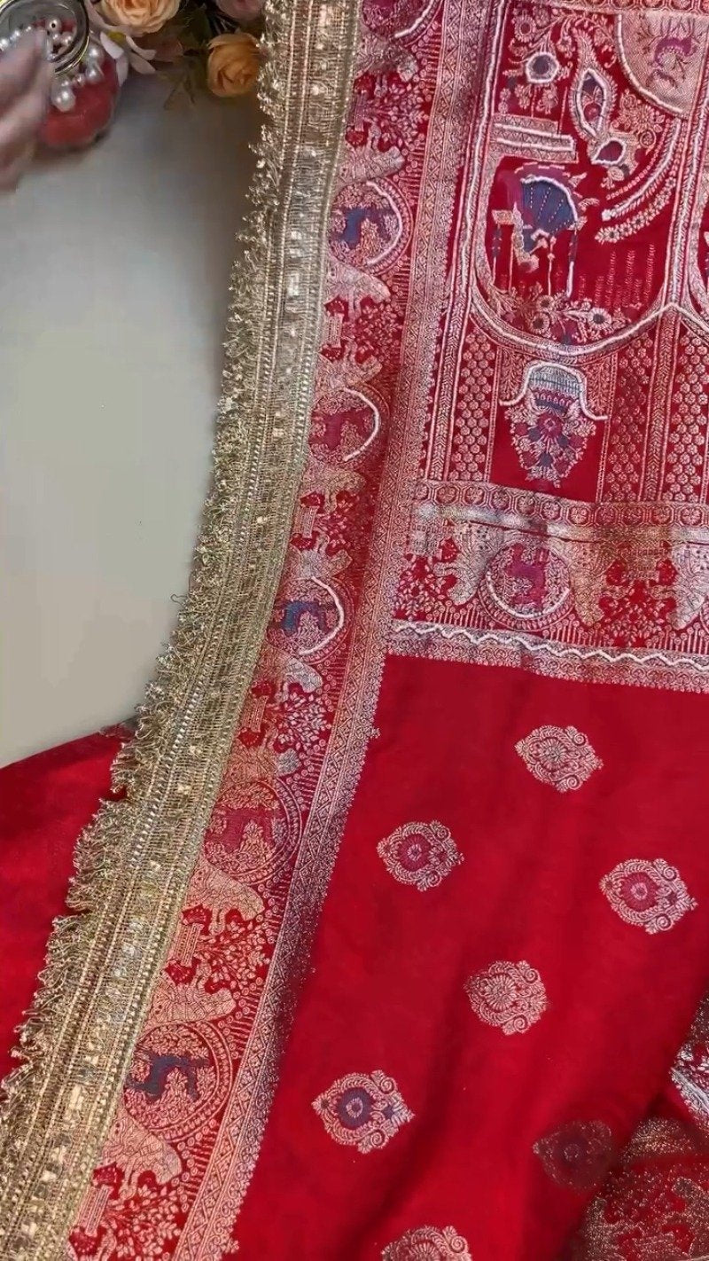 Regal Crimson Zardosi Handwork Banarasi Saree with Intricate Border