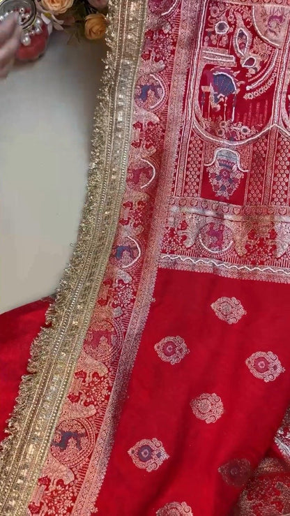 Regal Crimson Zardosi Handwork Banarasi Saree with Intricate Border