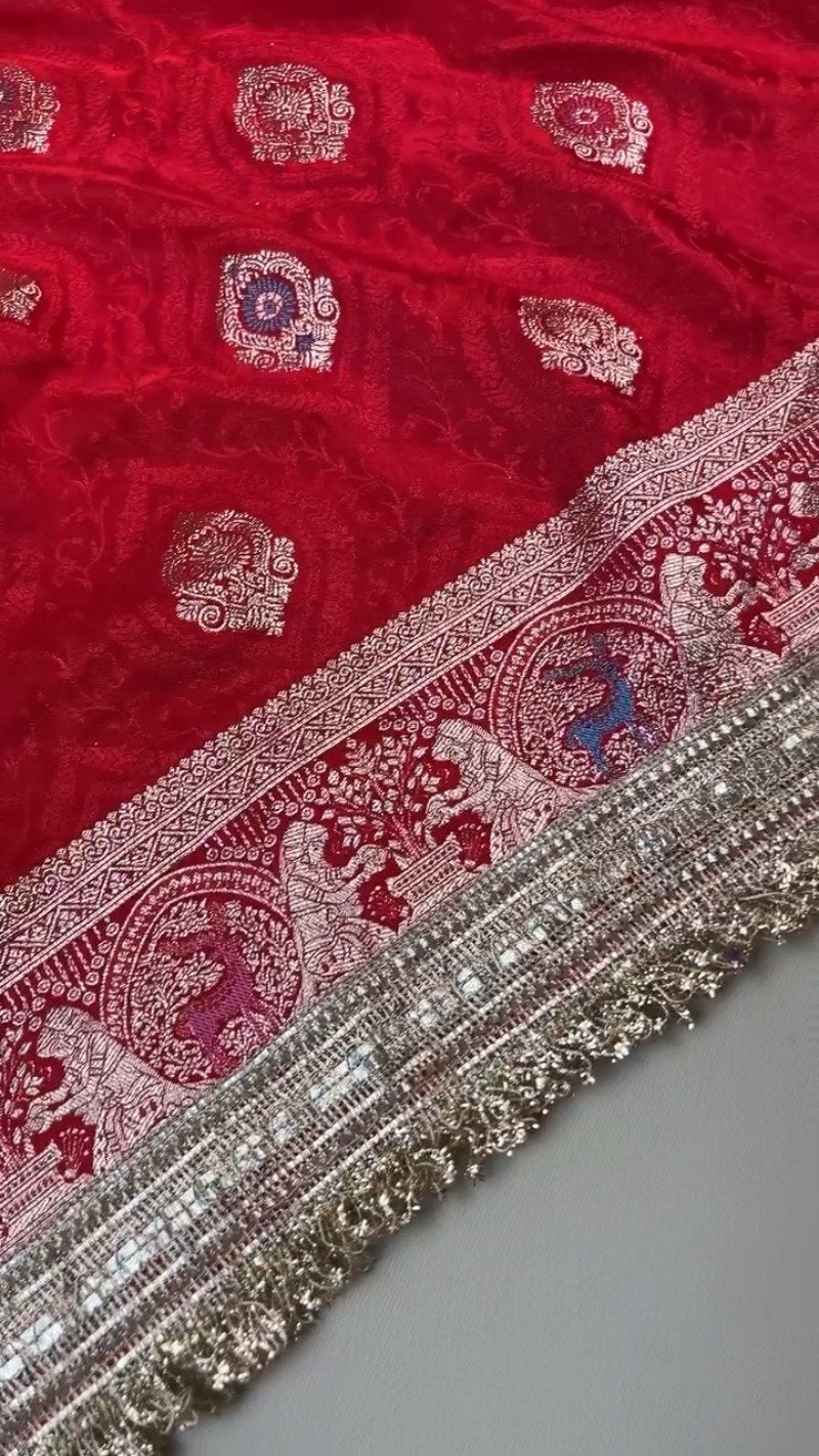 Regal Crimson Zardosi Handwork Banarasi Saree with Intricate Border