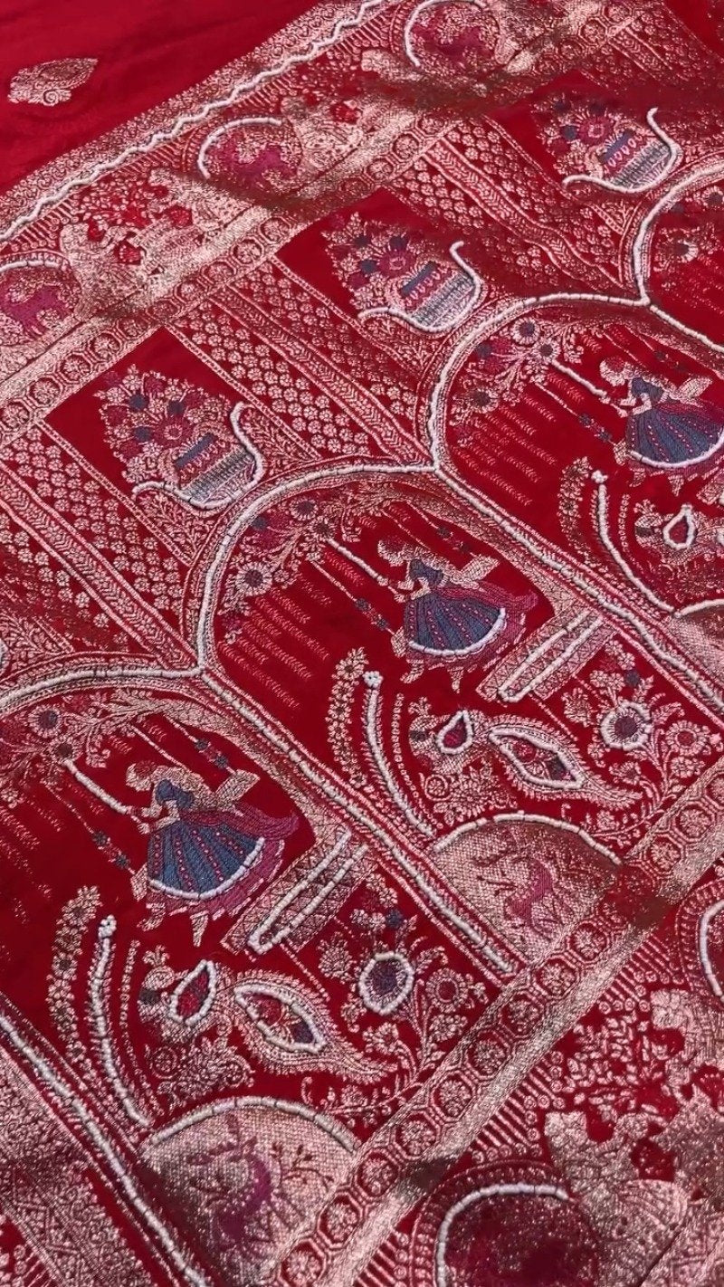 Regal Crimson Zardosi Handwork Banarasi Saree with Intricate Border