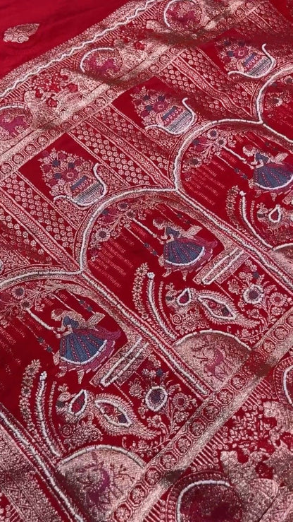 Regal Crimson Zardosi Handwork Banarasi Saree with Intricate Border