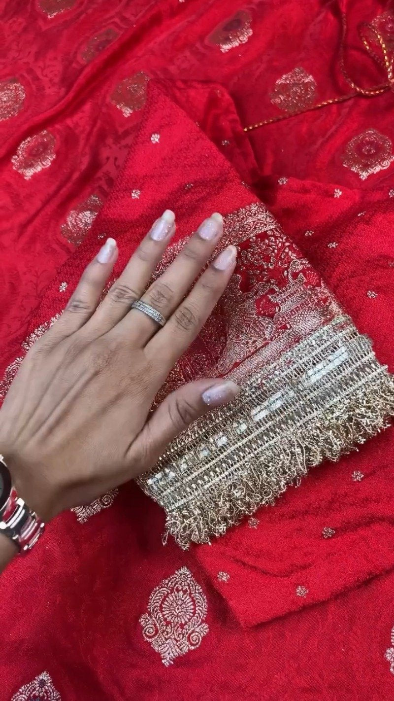 Regal Crimson Zardosi Handwork Banarasi Saree with Intricate Border