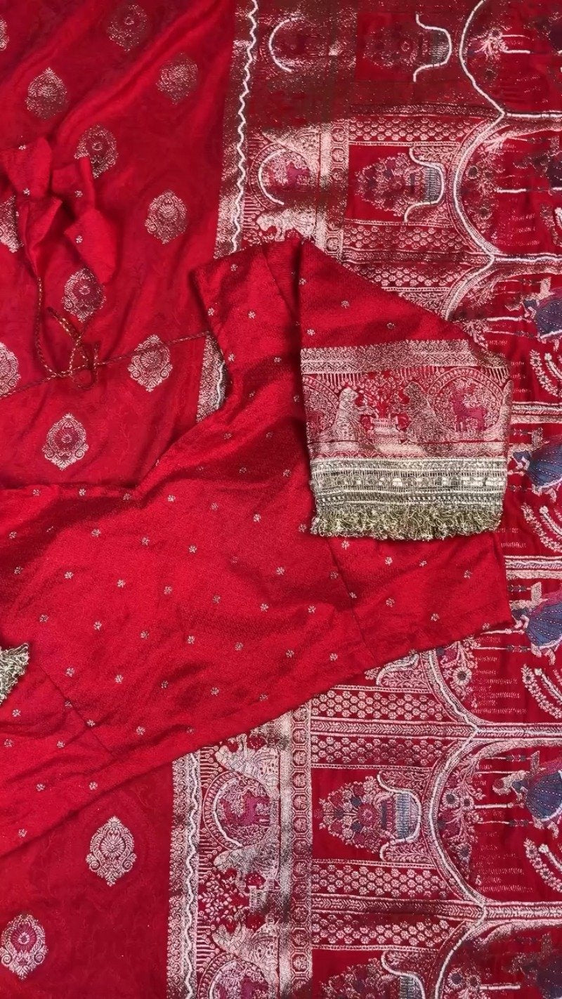 Regal Crimson Zardosi Handwork Banarasi Saree with Intricate Border