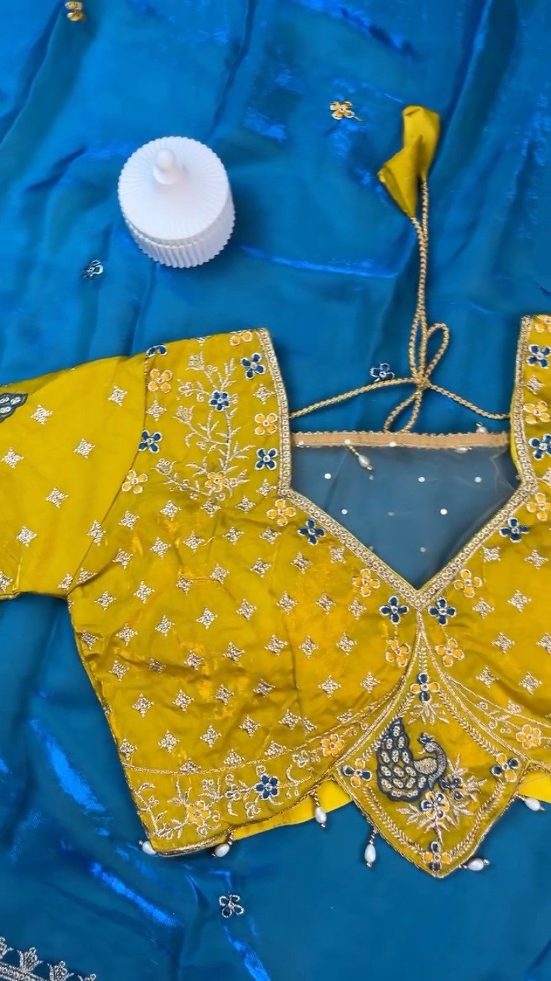 Royal Peacock Embroidered Silk Saree and Blouse Set – Available in Vibrant Yellow & Deep Blue