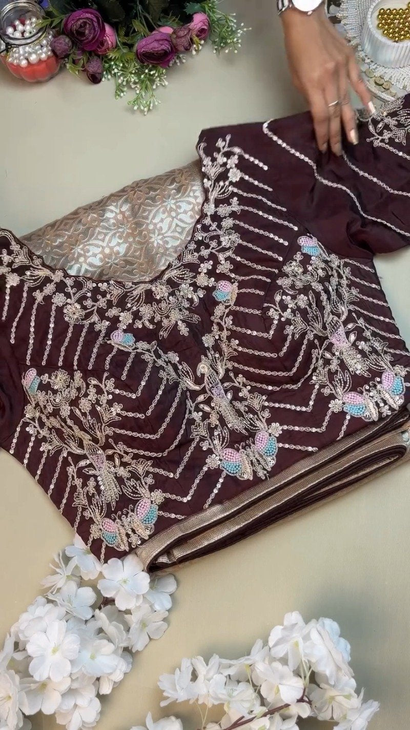 Opulent Wine & Champagne Banarasi Silk Saree Set – Available in Wine & Champagne