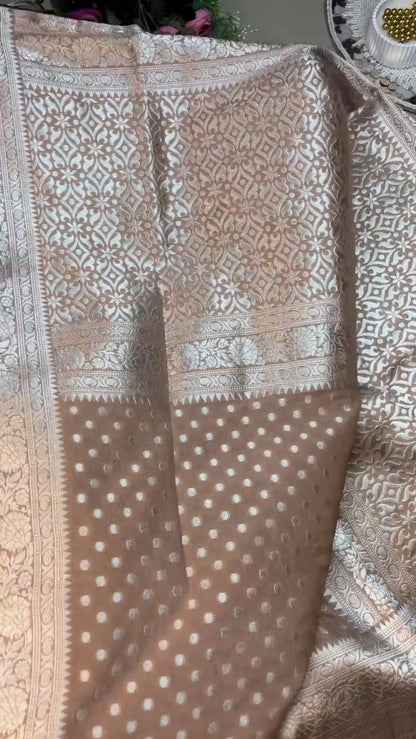 Opulent Wine & Champagne Banarasi Silk Saree Set – Available in Wine & Champagne