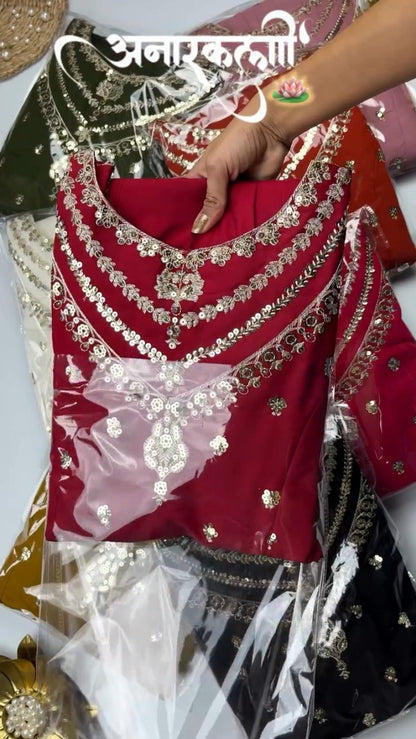 Opulent Sequined Anarkali Set with Floral Resham Embroidery – Available in Crimson Red, Dusty Rose, & Pristine White