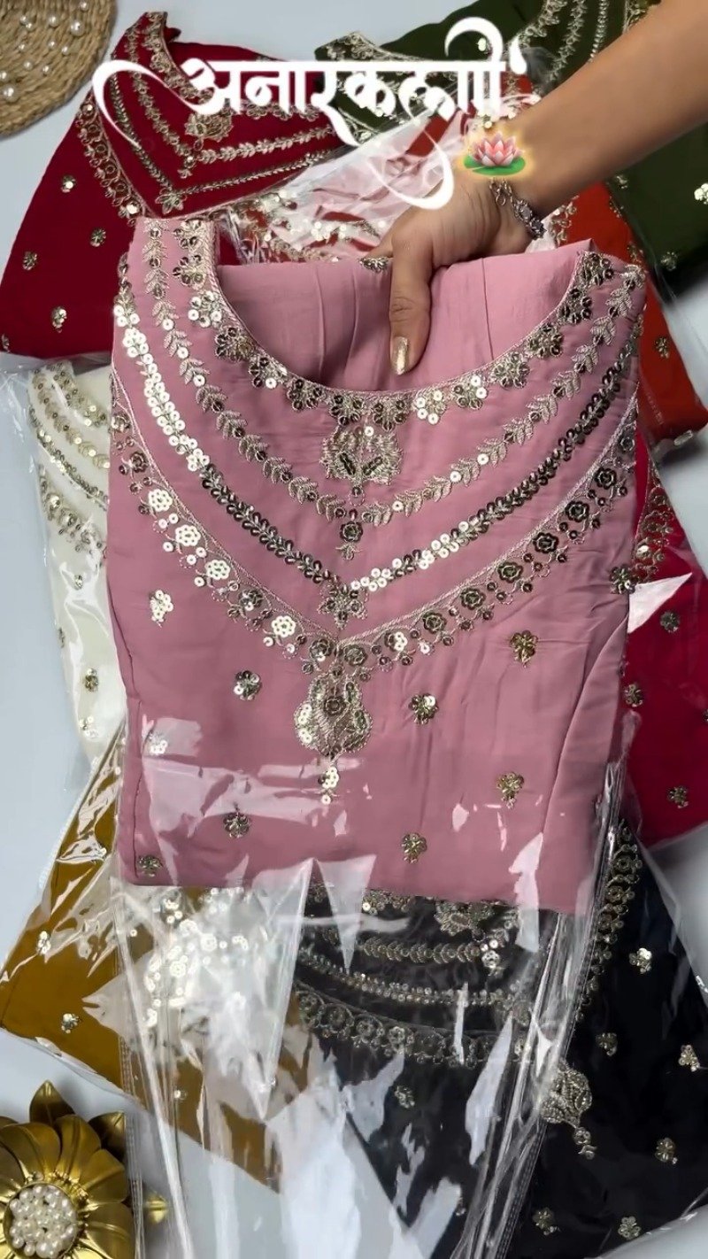 Opulent Sequined Anarkali Set with Floral Resham Embroidery – Available in Crimson Red, Dusty Rose, & Pristine White