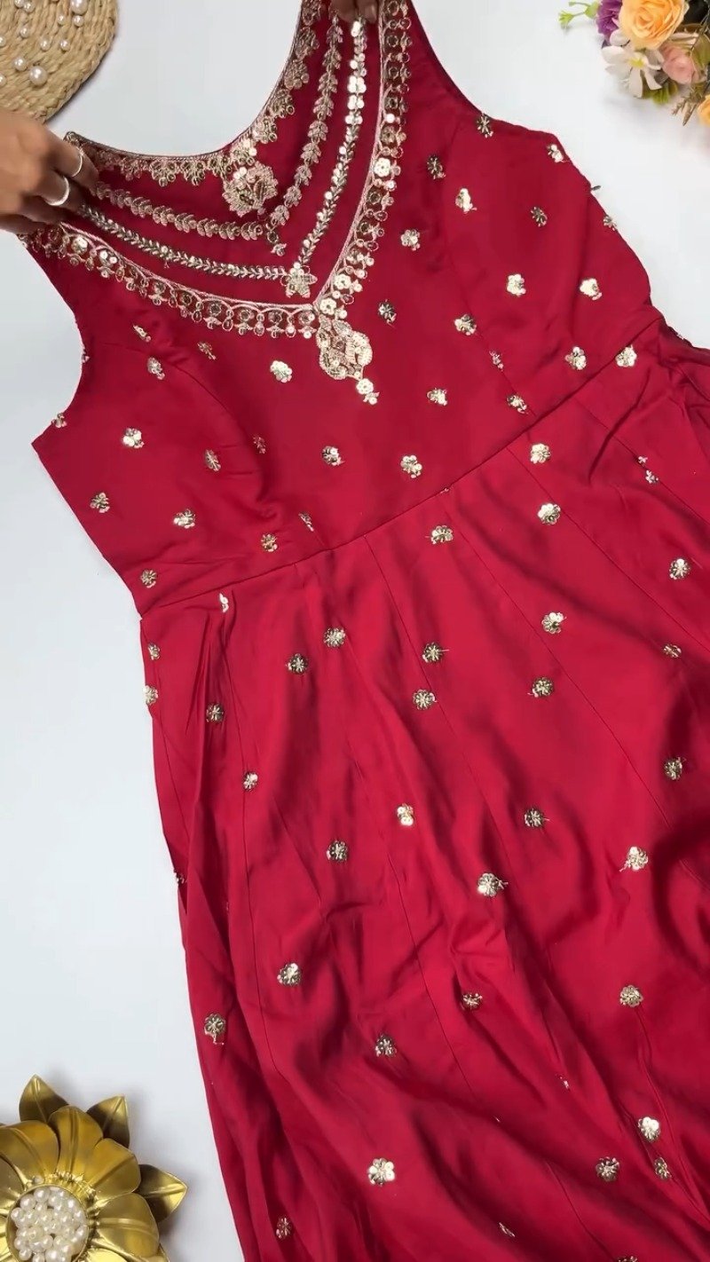 Opulent Sequined Anarkali Set with Floral Resham Embroidery – Available in Crimson Red, Dusty Rose, & Pristine White