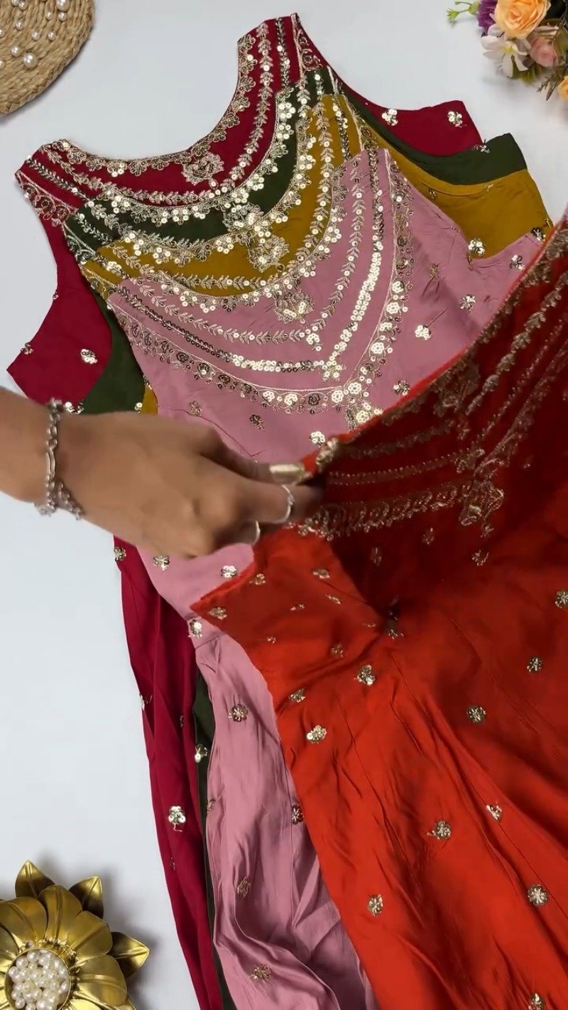 Opulent Sequined Anarkali Set with Floral Resham Embroidery – Available in Crimson Red, Dusty Rose, & Pristine White