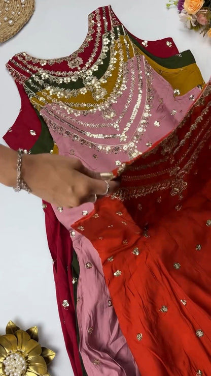 Opulent Sequined Anarkali Set with Floral Resham Embroidery – Available in Crimson Red, Dusty Rose, & Pristine White