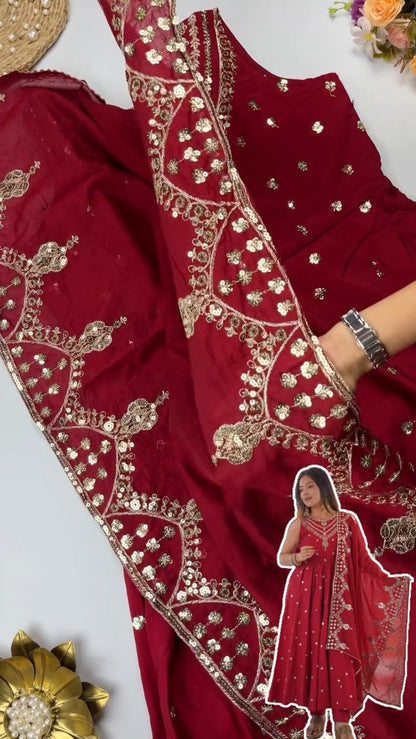 Opulent Sequined Anarkali Set with Floral Resham Embroidery – Available in Crimson Red, Dusty Rose, & Pristine White