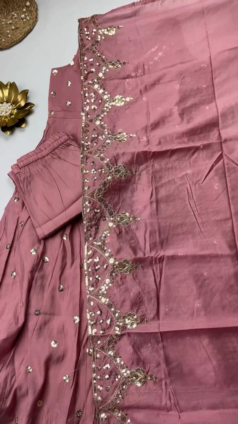 Opulent Sequined Anarkali Set with Floral Resham Embroidery – Available in Crimson Red, Dusty Rose, & Pristine White