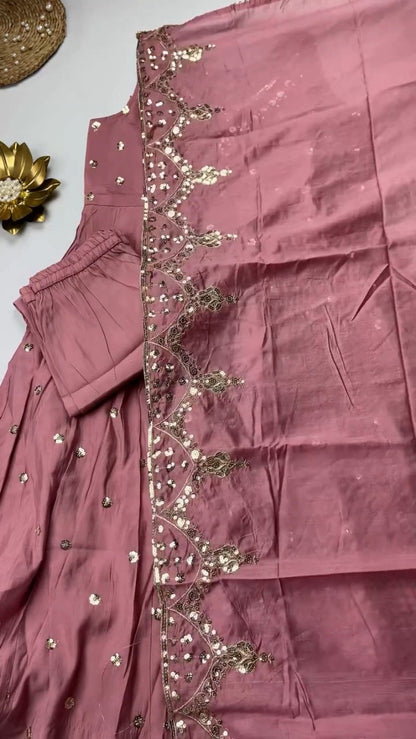 Opulent Sequined Anarkali Set with Floral Resham Embroidery – Available in Crimson Red, Dusty Rose, & Pristine White