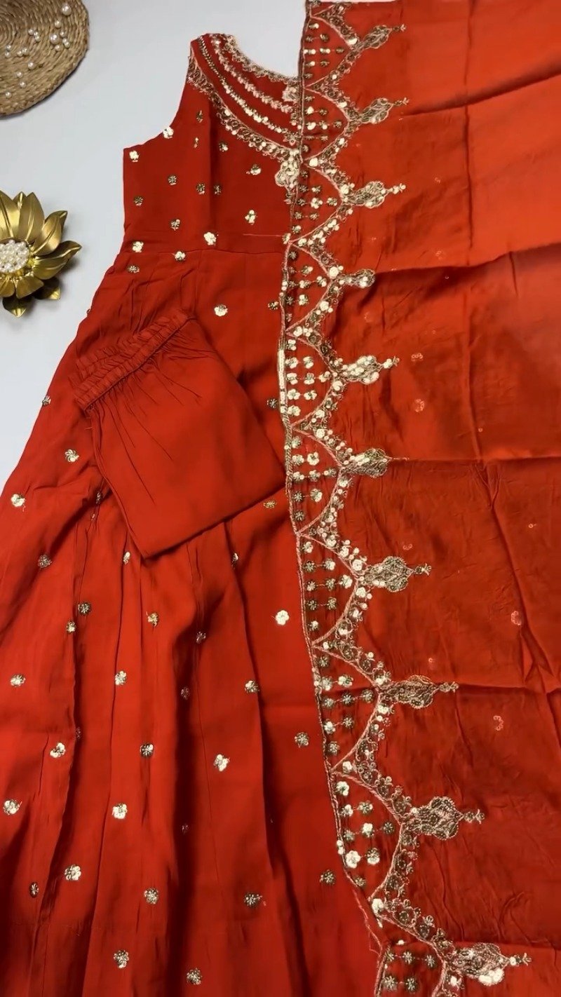 Opulent Sequined Anarkali Set with Floral Resham Embroidery – Available in Crimson Red, Dusty Rose, & Pristine White