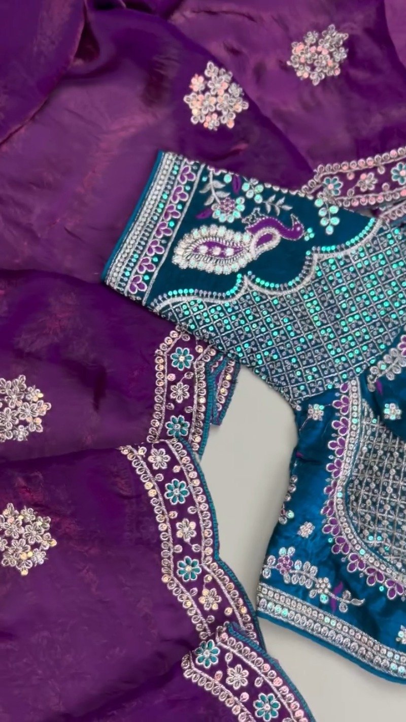 Regal Peacock Teal Blouse with Shimmering Purple Saree – Available in Peacock Teal & Royal Purple