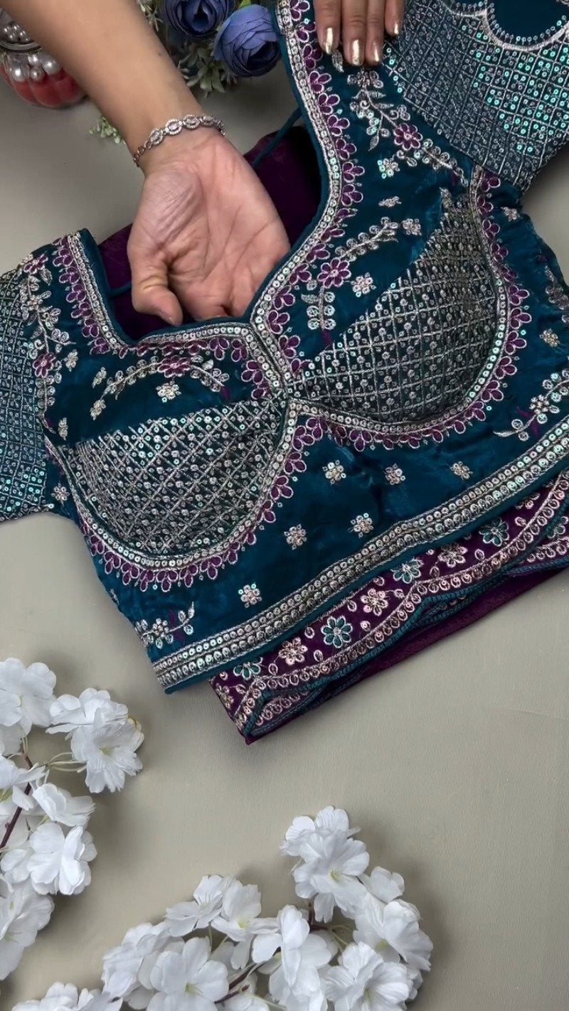 Regal Peacock Teal Blouse with Shimmering Purple Saree – Available in Peacock Teal & Royal Purple