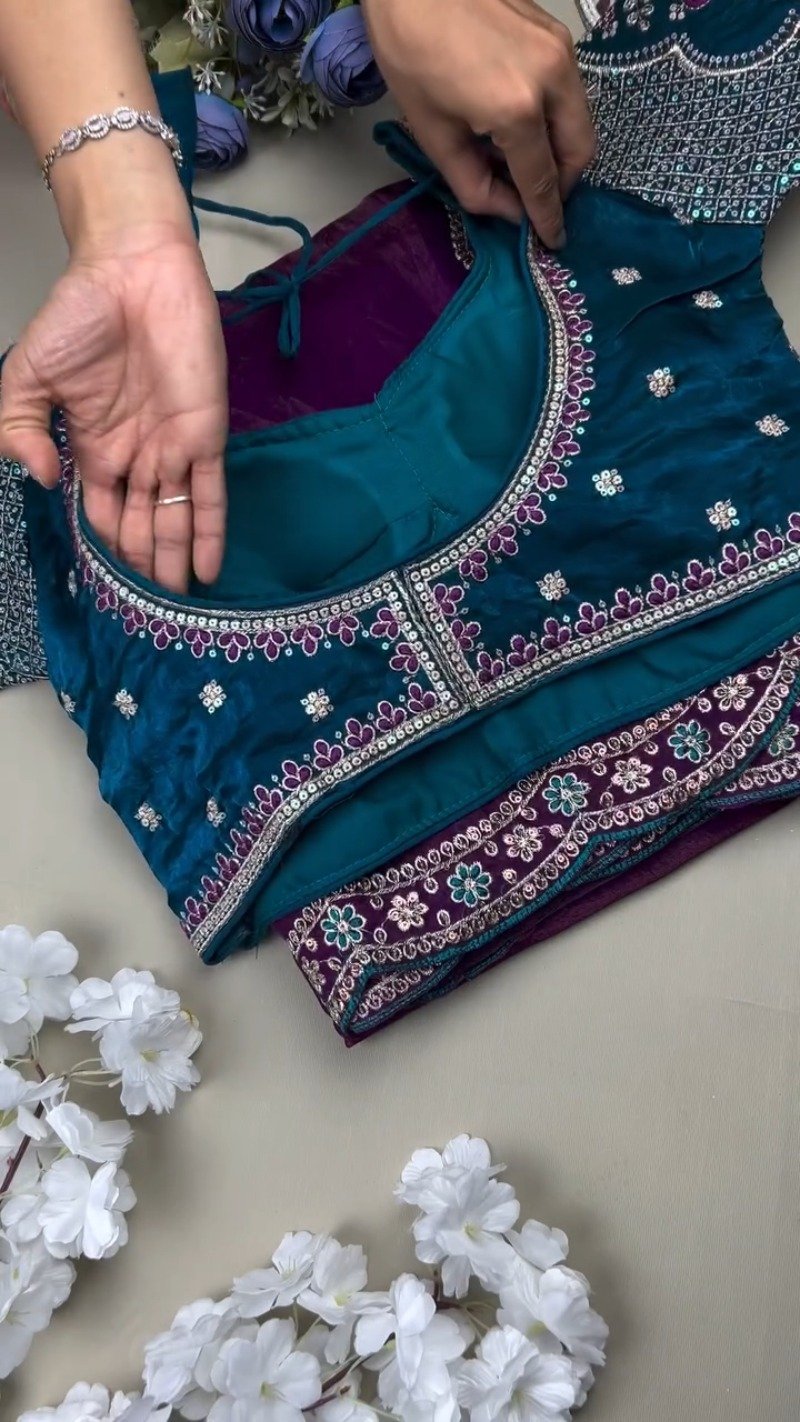 Regal Peacock Teal Blouse with Shimmering Purple Saree – Available in Peacock Teal & Royal Purple