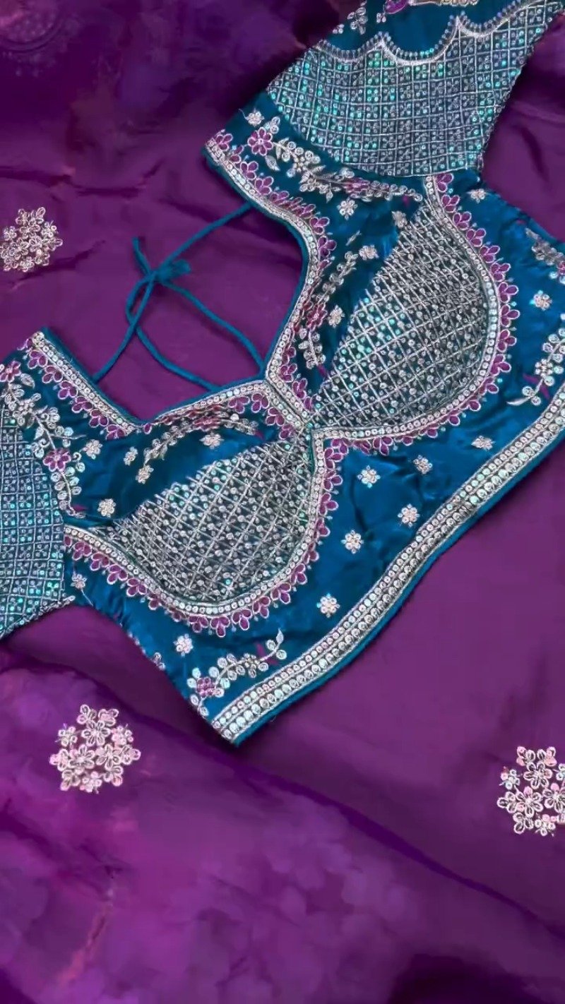 Regal Peacock Teal Blouse with Shimmering Purple Saree – Available in Peacock Teal & Royal Purple