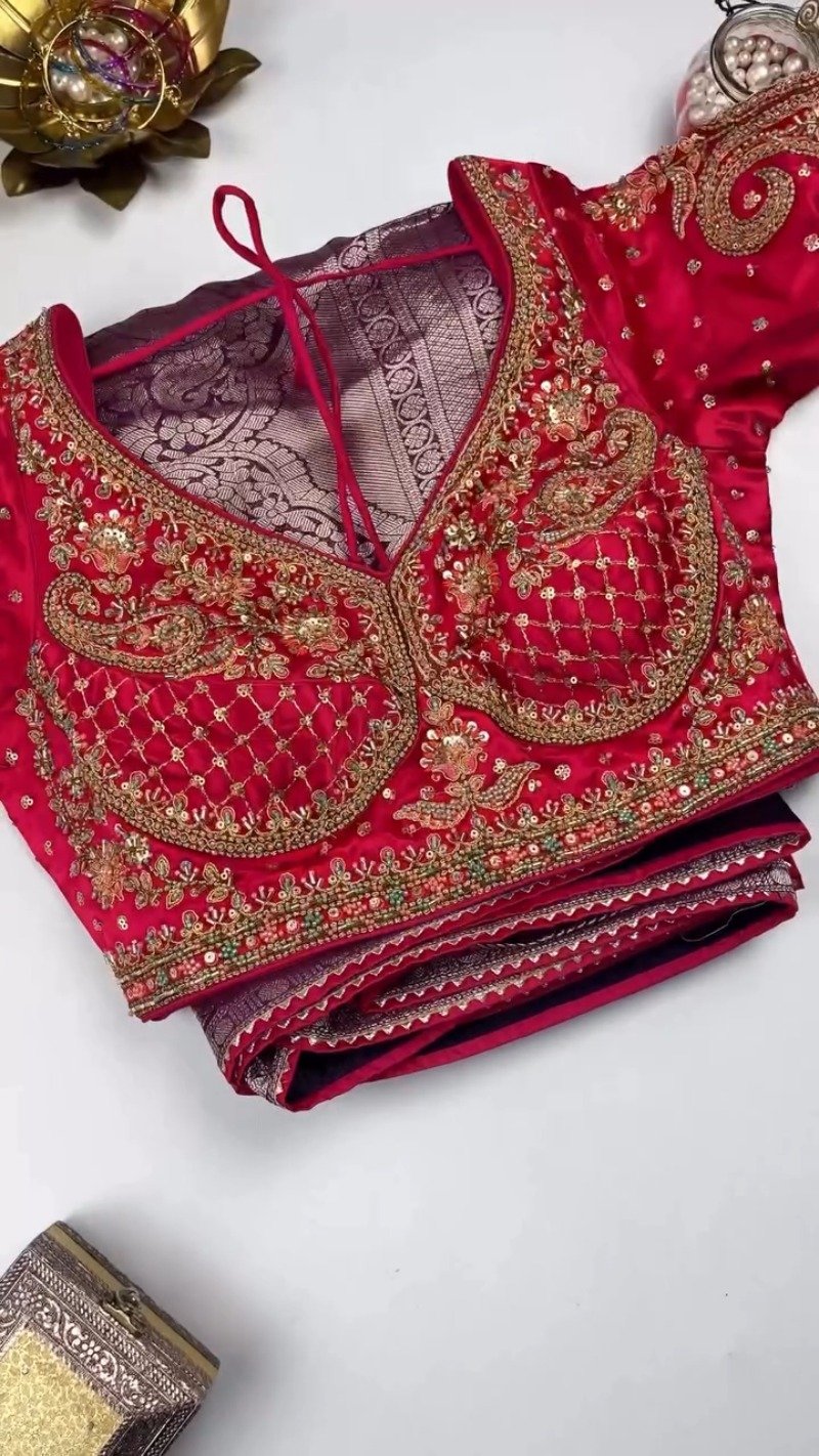Royal Velvet & Silk Zari Woven Saree Ensemble – Available in Crimson & Deep Violet
