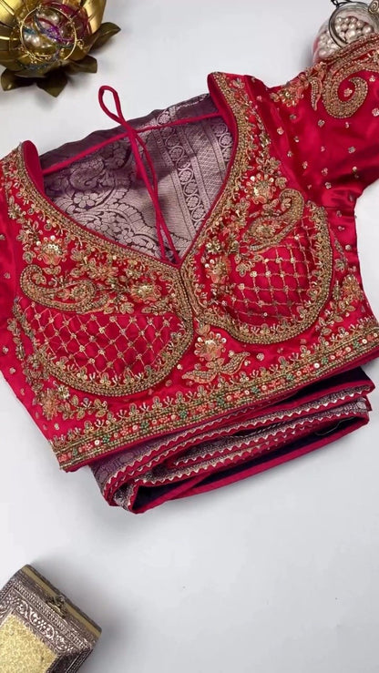 Royal Velvet & Silk Zari Woven Saree Ensemble – Available in Crimson & Deep Violet