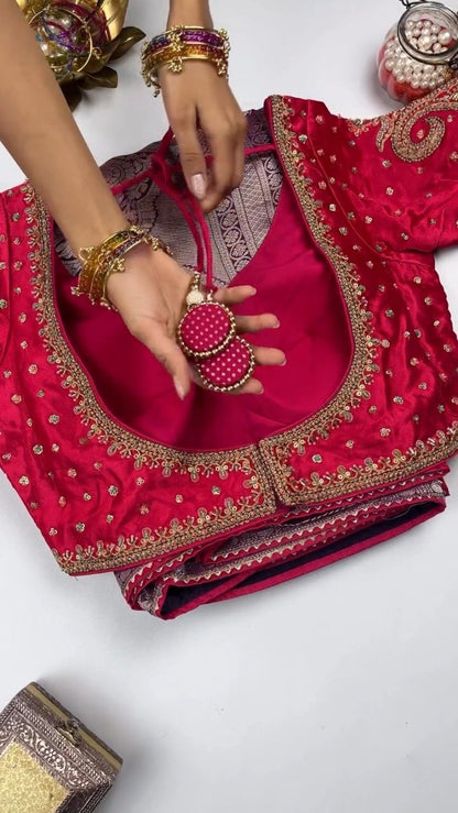 Royal Velvet & Silk Zari Woven Saree Ensemble – Available in Crimson & Deep Violet