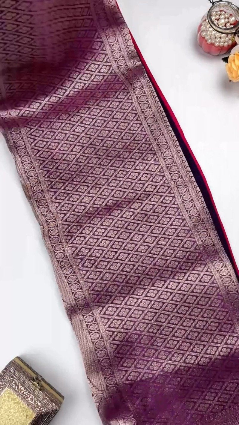 Royal Velvet & Silk Zari Woven Saree Ensemble – Available in Crimson & Deep Violet