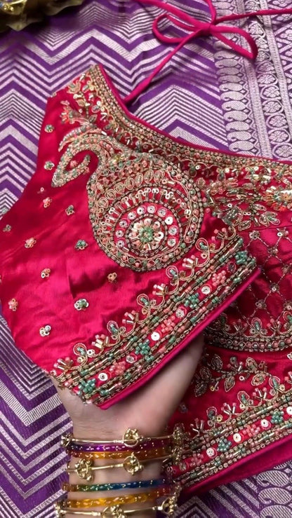 Royal Velvet & Silk Zari Woven Saree Ensemble – Available in Crimson & Deep Violet