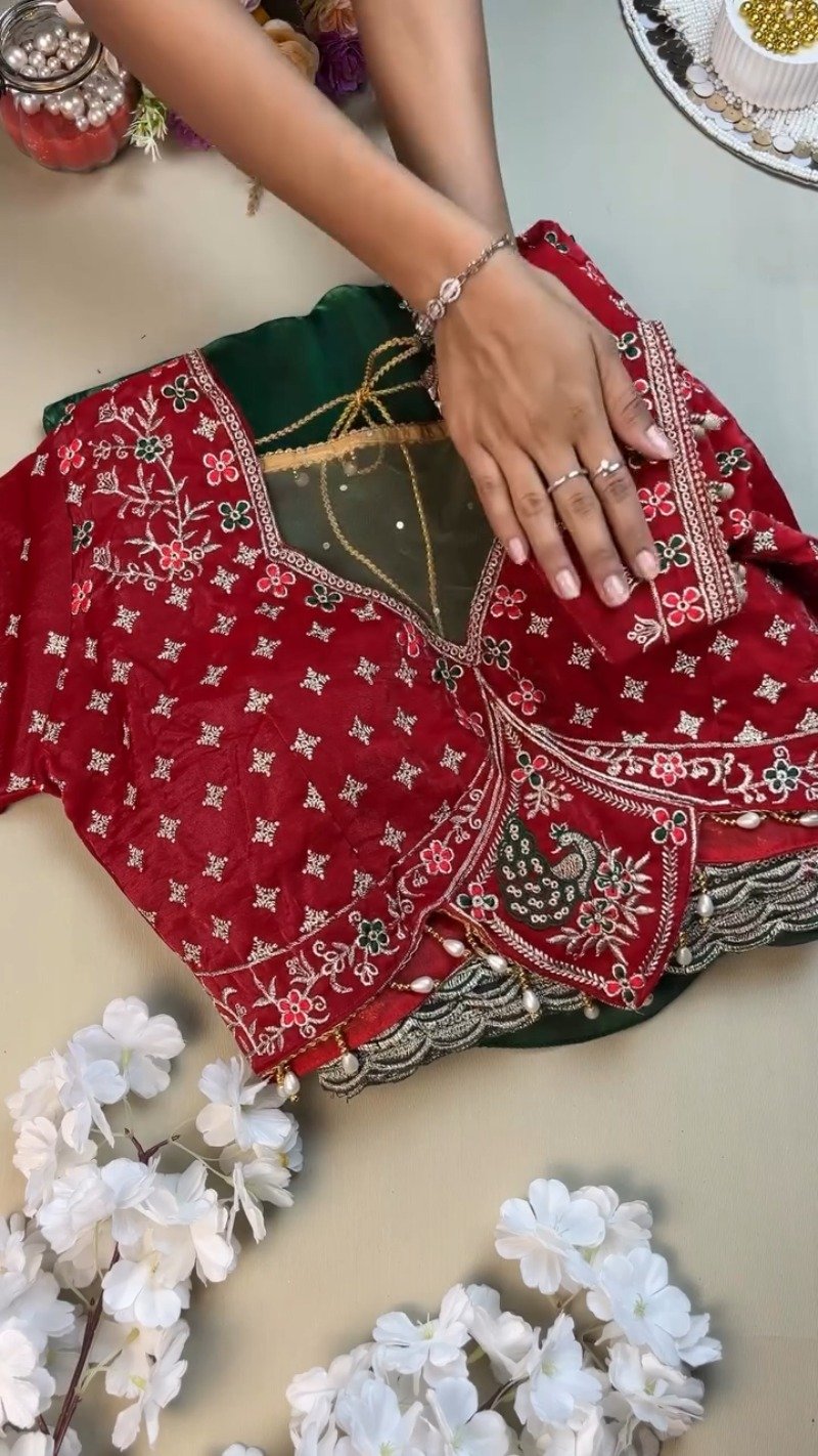 Regal Emerald Green Saree with Embroidered Red Blouse – Available in Green & Red