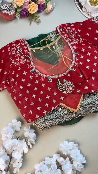 Regal Emerald Green Saree with Embroidered Red Blouse – Available in Green & Red