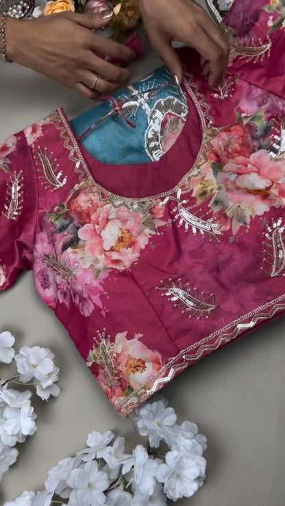 Blossom Bloom Sequin-Embellished Floral Saree Set – Available in Magenta & Teal
